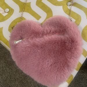 Heart-Shaped Pink Faux Fur Bag